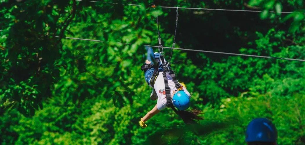 Guest riding a zipline over the green forest canopy